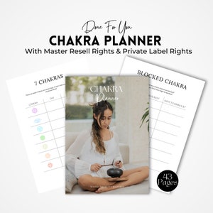 May include: A digital planner with a white background and black text. The planner is titled "Chakra Planner" and features a woman meditating with a singing bowl. The planner includes 43 pages and covers topics such as 7 chakras and blocked chakras.