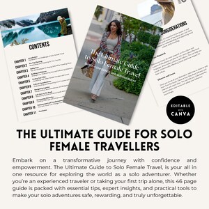 K&ouml;nnte beinhalten: Ein Reisef&uuml;hrer f&uuml;r alleinreisende Frauen mit einem gr&uuml;n-blauen Cover, das eine Frau in einem wei&szlig;en Kleid und mit einem gr&uuml;nen Rucksack zeigt. Der Titel des Reisef&uuml;hrers lautet "The Ultimate Guide to Solo Female Travel: Safety, Confidence, and Empowerment".