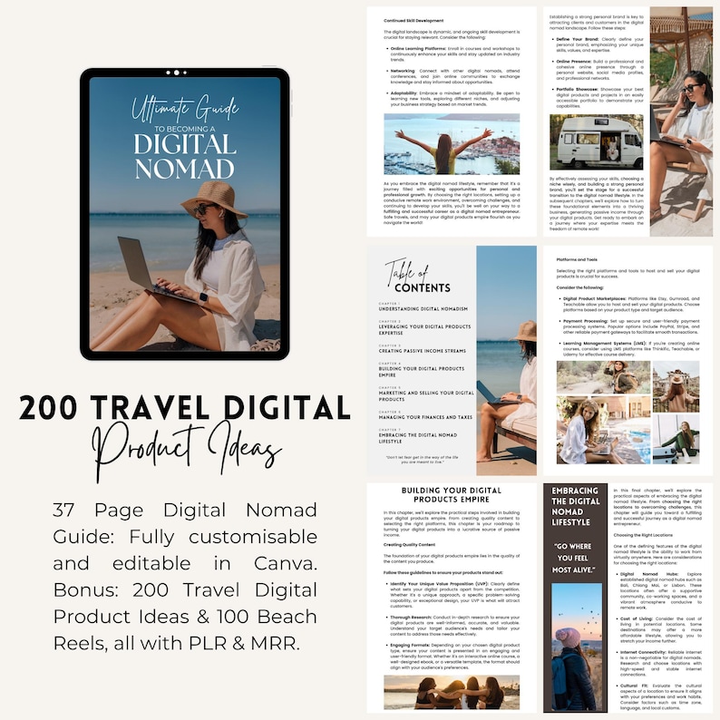 May include: A digital guide titled "Ultimate Guide to Becoming a Digital Nomad" with a table of contents listing topics such as "Understanding Digital Nomadism", "Leveraging Your Digital Products & Expertise", and "Building Your Digital Products Empire". The guide is 37 pages long and includes 200 travel digital product ideas and 100 beach reels.