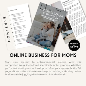 K&ouml;nnte beinhalten: Ein farbenfrohes E-Book-Cover mit dem Titel "Online Business for Moms" und dem Untertitel "Lernen Sie, wie Sie ein Online-Gesch&auml;ft von zu Hause aus starten". Das Cover zeigt ein Foto einer Mutter und eines Kindes, die auf einem Teppich sitzen, wobei die Inhalts&uuml;bersicht des E-Books im Hintergrund sichtbar ist.