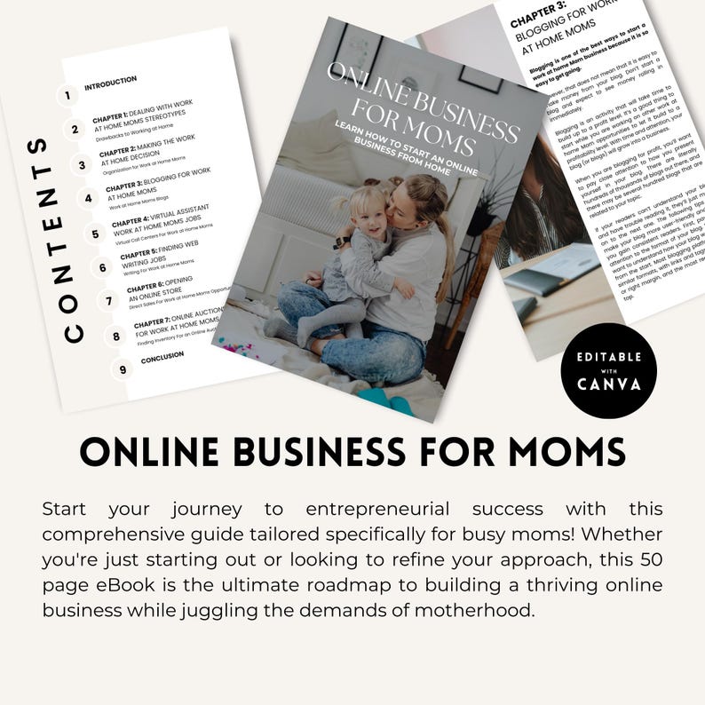 K&ouml;nnte beinhalten: Ein farbenfrohes E-Book-Cover mit dem Titel "Online Business for Moms" und dem Untertitel "Lernen Sie, wie Sie ein Online-Gesch&auml;ft von zu Hause aus starten". Das Cover zeigt ein Foto einer Mutter und eines Kindes, die auf einem Teppich sitzen, wobei die Inhalts&uuml;bersicht des E-Books im Hintergrund sichtbar ist.