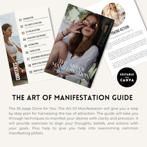 May include: A guide to manifesting your dreams with a step-by-step plan. The cover features a woman with sunglasses and a pink background. The title is "The Art of Manifestation: A Guide to Creating Your Dream Life."