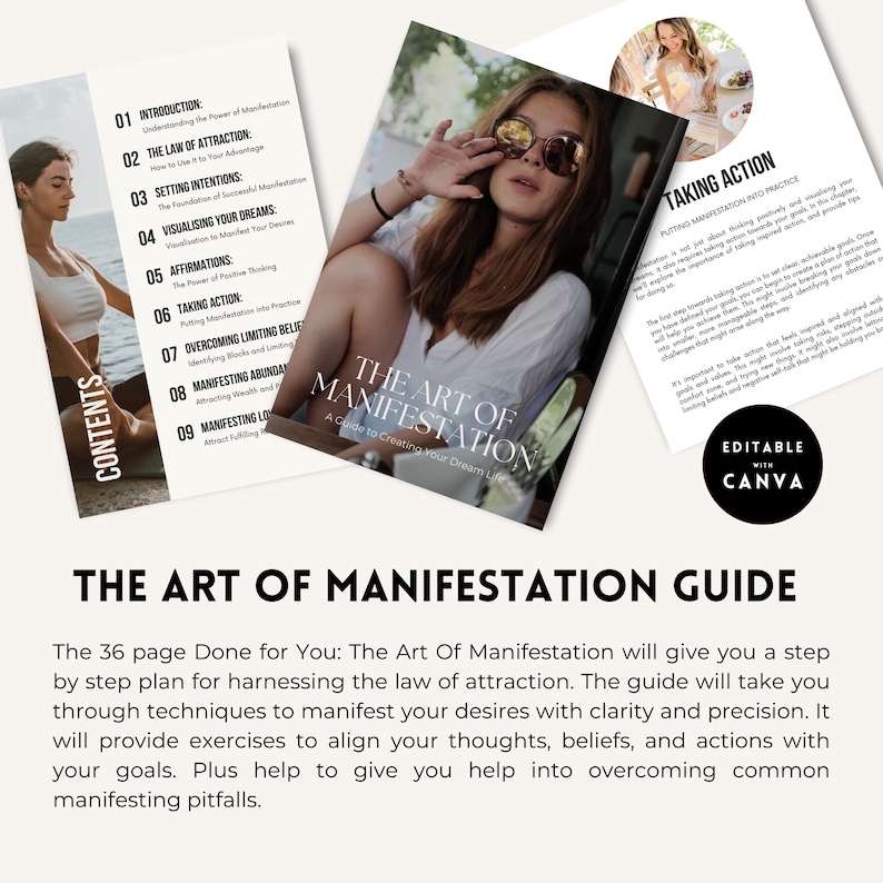 May include: A guide to manifesting your dreams with a step-by-step plan. The cover features a woman with sunglasses and a pink background. The title is "The Art of Manifestation: A Guide to Creating Your Dream Life."