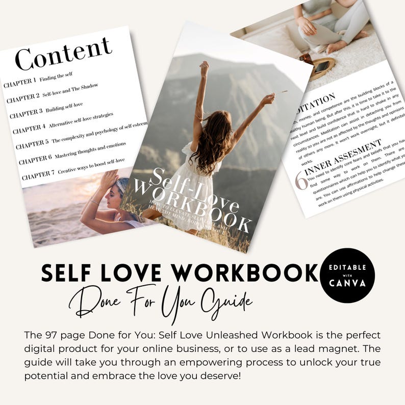 May include: A pink and white digital workbook titled "Self-Love Workbook Done For You Guide". The workbook is open to a page with the text "Content" and a list of chapters. The cover of the workbook features a woman with her arms raised in the air, against a backdrop of a mountain range.
