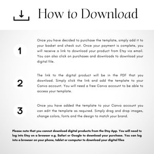 May include: A three-step guide on how to download a digital product from Etsy. The steps include adding the product to your basket, checking out, and downloading the product from Etsy via email. The guide also mentions that you can download the product from your purchases and downloads page. The guide also mentions that you will need a free Canva account to access the template.