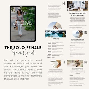 K&ouml;nnte beinhalten: Ein digitales Reisehandbuch mit einer Frau, die im Hintergrund auf einem Weg geht. Das Cover des Reisehandbuchs lautet "The Ultimate Guide to Solo Female Travel" und "Safety, Confidence and Empowerment". Der Text auf der Seite lautet "The Solo Female Travel Guide" und "Begeben Sie sich auf Ihr Solo-Reiseabenteuer mit Selbstvertrauen und dem Wissen, das Sie brauchen, um zu gedeihen. Der ultimative Leitfaden f&uuml;r Solo-Reisen f&uuml;r Frauen ist Ihr unverzichtbarer Begleiter, um Erinnerungen zu schaffen, die ein Leben lang halten!"