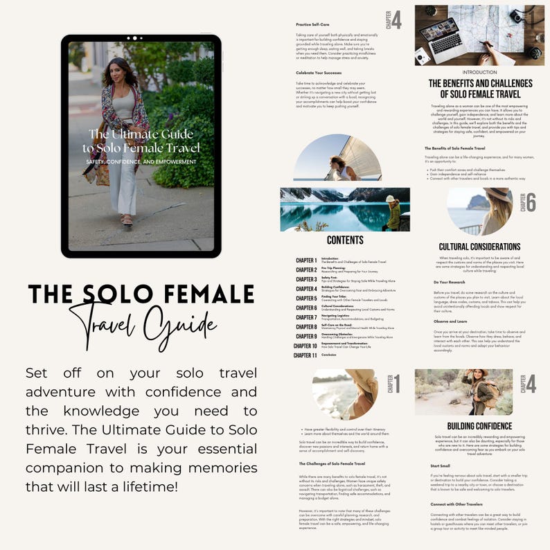 K&ouml;nnte beinhalten: Ein digitales Reisehandbuch mit einer Frau, die im Hintergrund auf einem Weg geht. Das Cover des Reisehandbuchs lautet "The Ultimate Guide to Solo Female Travel" und "Safety, Confidence and Empowerment". Der Text auf der Seite lautet "The Solo Female Travel Guide" und "Begeben Sie sich auf Ihr Solo-Reiseabenteuer mit Selbstvertrauen und dem Wissen, das Sie brauchen, um zu gedeihen. Der ultimative Leitfaden f&uuml;r Solo-Reisen f&uuml;r Frauen ist Ihr unverzichtbarer Begleiter, um Erinnerungen zu schaffen, die ein Leben lang halten!"