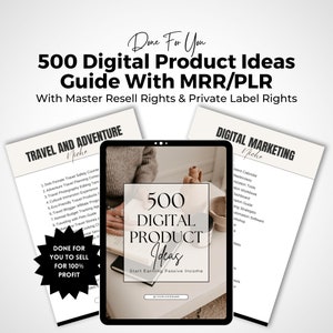Op de afbeelding: Een digitale productgids met 500 ideeën voor digitale producten. De gids bevat ideeën voor de niches reizen en avontuur, en digitale marketing. De gids is getiteld "500 digitale product ideeën" en "Begin met passief inkomen verdienen".