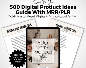 500 ideas de productos digitales / Derechos de reventa principales / Plantilla Canva / Derechos de etiqueta privada / Libro electrónico de productos digitales hecho para usted / Side Hustle.