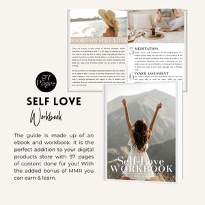 May include: A self-love workbook with a white background and a woman with her arms raised in the air. The workbook cover has the text "Self-Love Workbook" and "How to Celebrate Yourself and Have the Mind, Body, and Soul You Deserve".
