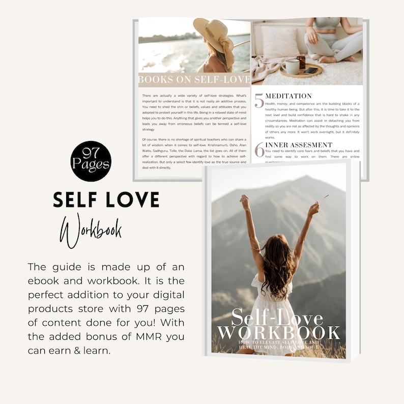 May include: A self-love workbook with a white background and a woman with her arms raised in the air. The workbook cover has the text "Self-Love Workbook" and "How to Celebrate Yourself and Have the Mind, Body, and Soul You Deserve".