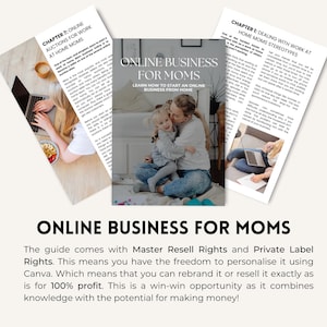 K&ouml;nnte beinhalten: Ein Leitfaden mit dem Titel "Online Business for Moms" mit einem farbenfrohen Cover, das eine Mutter und ein Kind zeigt. Der Leitfaden lehrt, wie man ein Online-Gesch&auml;ft von zu Hause aus startet. Der Text "Erfahren Sie, wie Sie ein Online-Gesch&auml;ft von zu Hause aus starten" steht auf dem Cover.