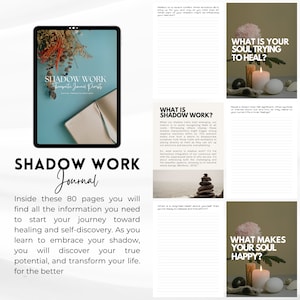 May include: A digital journal cover with the title "Shadow Work Journal" in a blue and white font. The cover features a closed notebook with a blue background and a stack of rocks. The text "Inside these 80 pages you will find all the information you need to start your journey toward healing and self-discovery. As you learn to embrace your shadow, you will discover your true potential, and transform your life. for the better" is written in black font.
