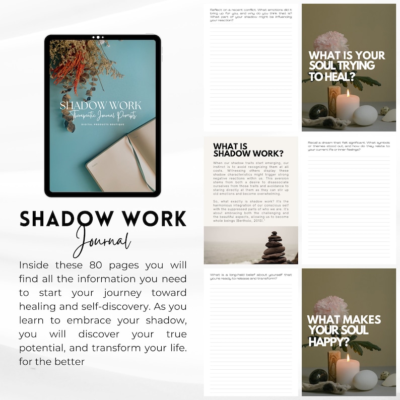 May include: A digital journal cover with the title "Shadow Work Journal" in a blue and white font. The cover features a closed notebook with a blue background and a stack of rocks. The text "Inside these 80 pages you will find all the information you need to start your journey toward healing and self-discovery. As you learn to embrace your shadow, you will discover your true potential, and transform your life. for the better" is written in black font.