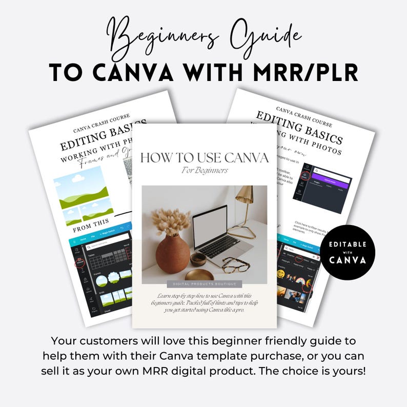 May include: A digital product mockup showing a laptop computer with a white screen, a brown vase with dried flowers, and a pair of glasses. The text "How to Use Canva for Beginners" is on the top of the image. The text "Editable with Canva" is on the bottom right corner of the image.