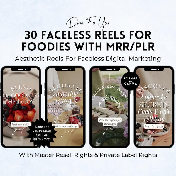 Food Faceless Reels With Master Resell Rights | MRR PLR | Done For You | Faceless Instagram Videos | Aesthetic Cooking Recipes.