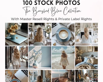 Lot de 100 photos marketing sans visage | Droits principaux de revente | Travail à domicile | Images de style de vie bleu brossé | Fait pour vous