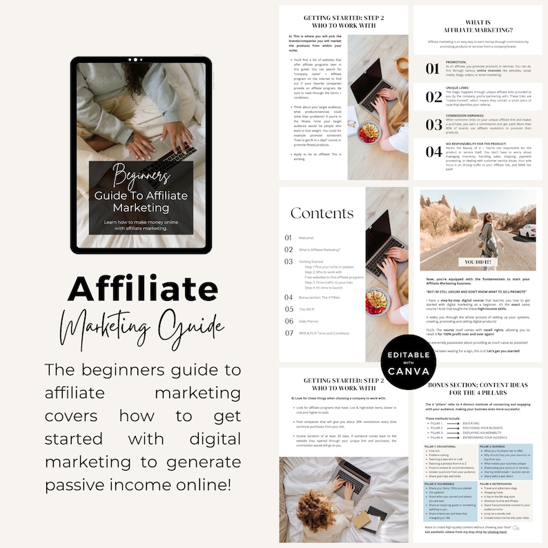 May include: A digital guide titled "Beginners Guide To Affiliate Marketing" with a laptop and a woman sitting on a bed. The guide covers how to get started with digital marketing to generate passive income online. The guide includes a table of contents and a section on who to work with.