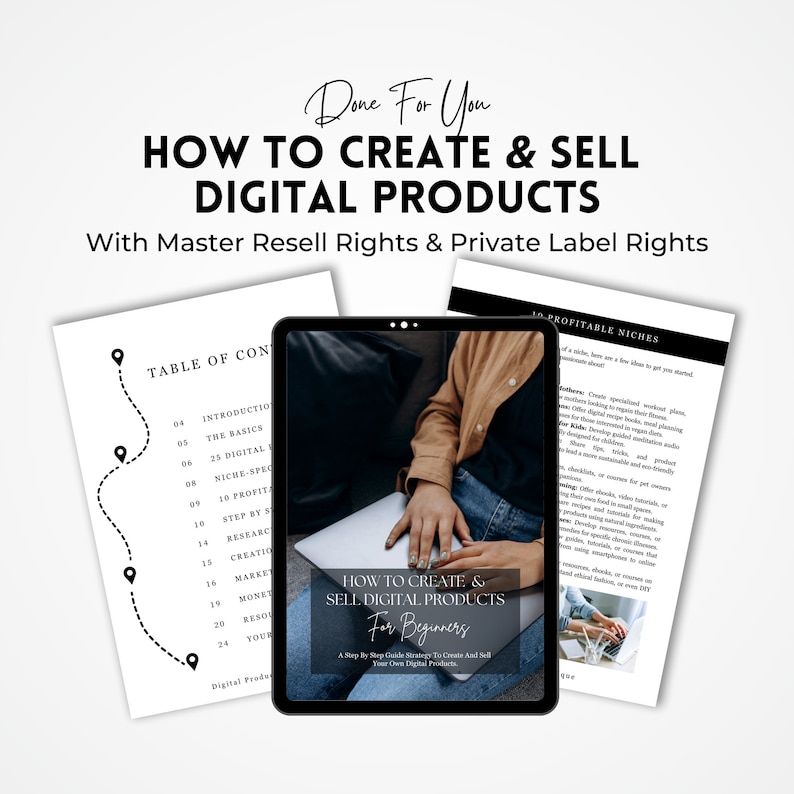 May include: A digital product guide with a table of contents and a list of profitable niches. The guide is titled "How to Create & Sell Digital Products for Beginners" and includes a step-by-step strategy to create and sell digital products.