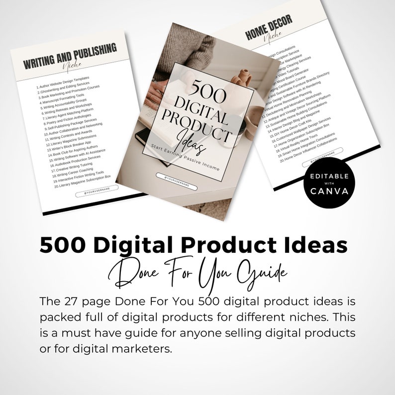 May include: A digital product guide with 500 ideas for different niches. The guide is 27 pages long and includes the text "500 Digital Product Ideas Done For You Guide".