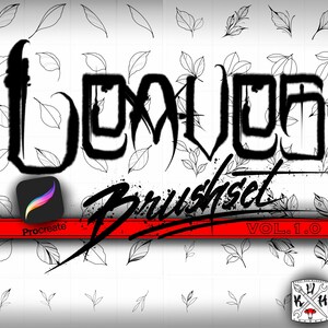 May include: A black and white image of a Procreate brush set called "Leaves" with a background of various leaf designs. The text "Brushset Vol. 1.0" is also included in the image.