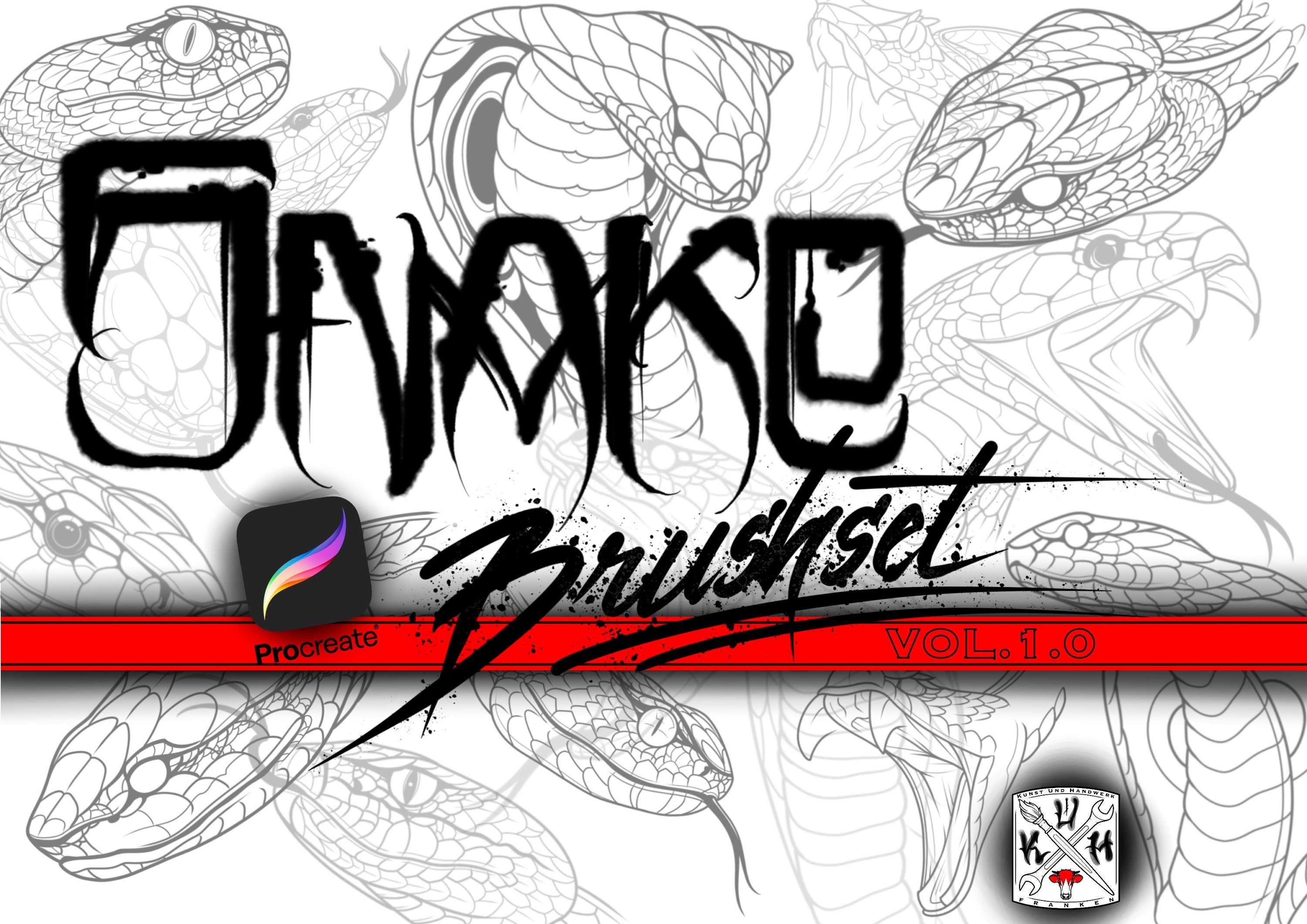 Snake Brush Set Vol. 1 para Procreate – Sellos de tatuaje de serpiente, cabezas, cuerpos y patrones