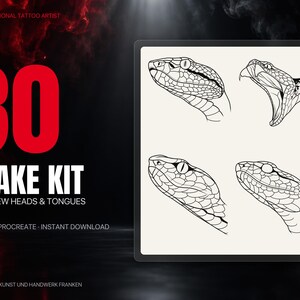 May include: A digital art kit featuring 30 snake head designs for Procreate. The image displays four black and white line art illustrations of snake heads in various positions, with text reading 30 SNAKE KIT VOL.2 NEW HEADS & TONGUES.