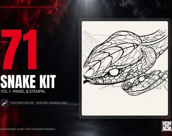 May include: A digital design kit featuring 71 snake-themed brushes and stamps for Procreate. The graphic displays a black and white line art illustration of a snake head with intricate scale patterns on a light background, with the text 71 SNAKE KIT.