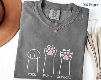 Camiseta con estampado de huellas de gato en piedra, papel o tijera, colores cómodos, regalo divertido para mamás de gatos, camiseta para amantes de los gatos, camiseta sarcástica de gatos, regalo adorable para gatos, camiseta para papás de gatos