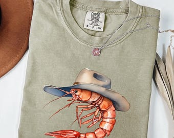 Cowboy Shrimp Funny Comfort Colors T-Shirt | Shrimp Lover Gift | Funny Western Tee | Quirky Seafood Shirt | Comfort Colors 1717