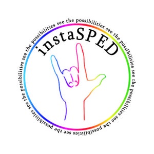 May include: A circular logo featuring a rainbow-coloured outline of a hand making the I love you sign. The text instaSPED is written in black above the hand, and the phrase see the possibilities is repeated along the circular rainbow border.