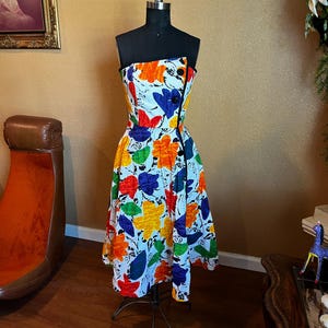 Asymmetrical Strapless Dress Floral Midi Dress | 80s 90s AJ Bari