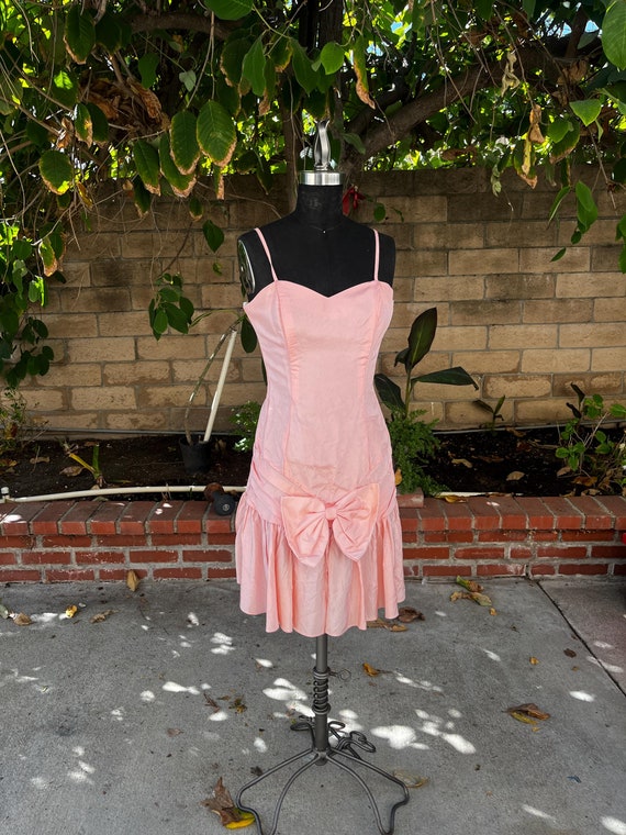 1980's Strappy Ruffled Pink Drop Waist Dress with 