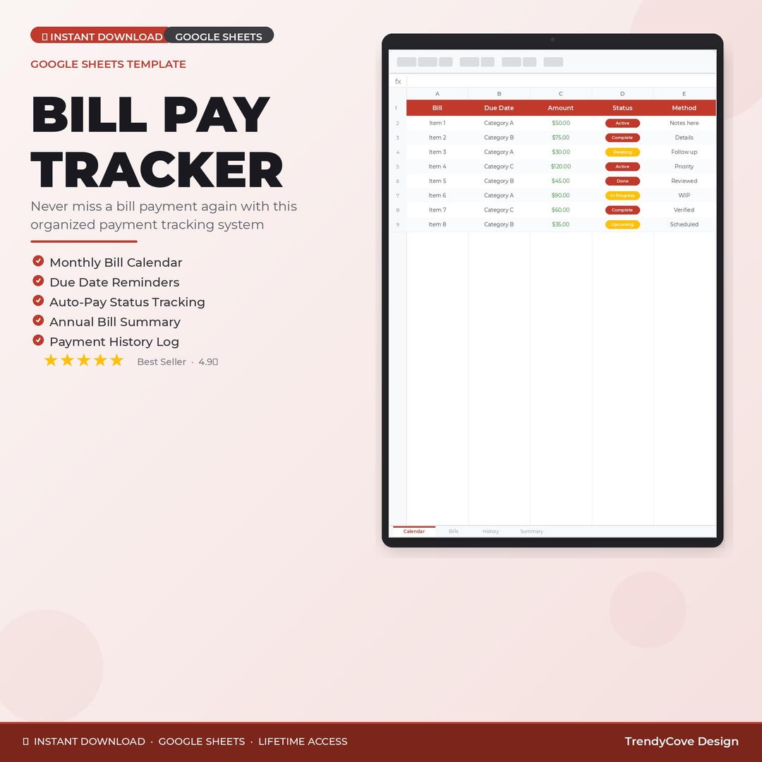 Bill Pay Tracker Google Sheets Template: Monthly Payment Organizer ...