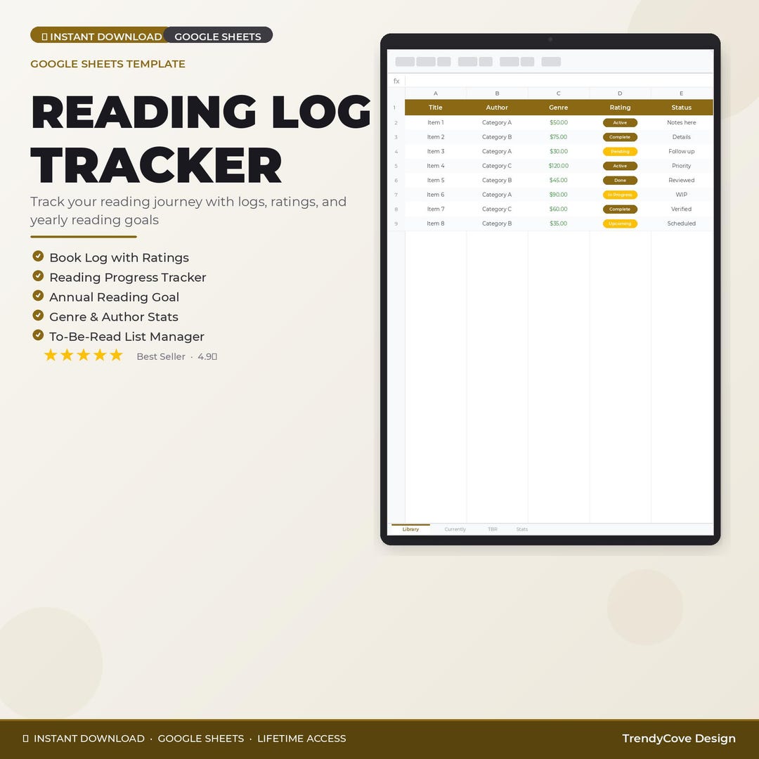 Reading Log Tracker Google Sheets Template Book Journal Digital Planner ...