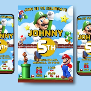 Convite de aniversário do Super Mario, convite digital para impressão, convite do Mario, convite digital do Super Mario Bros, IMPRIMÍVEL, modelo