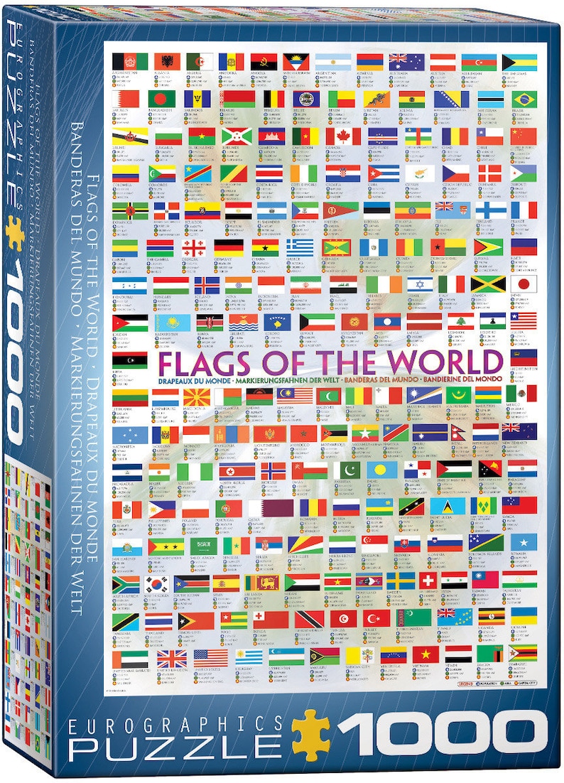 K&ouml;nnte beinhalten: Ein 1000-teiliges Puzzle mit den Flaggen der Welt. Die Schachtel des Puzzles ist blau mit wei&szlig;em Text und einem Bild des fertigen Puzzles. Das Puzzle ist von Eurographics.