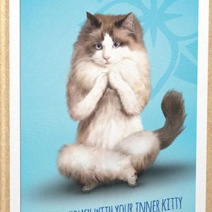May include: A deck of playing cards featuring a white cat with brown and gray markings sitting in a yoga pose. The card has a blue background with a white paw print and the text "Yoga Cats" in white. The text "Get in touch with your inner kitty" is printed below the cat. The bottom of the card has the text "Playing Cards" and "Cartes &agrave; Jouer" in brown.