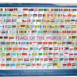K&ouml;nnte beinhalten: Ein 1000-teiliges Puzzle mit Flaggen der Welt. Die Schachtel zeigt ein farbenfrohes Raster von Flaggen mit dem Titel "Flaggen der Welt".