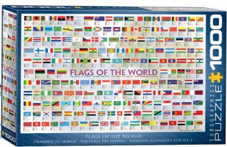 K&ouml;nnte beinhalten: Ein 1000-teiliges Puzzle mit Flaggen der Welt. Die Schachtel zeigt ein farbenfrohes Raster von Flaggen mit dem Titel "Flaggen der Welt".