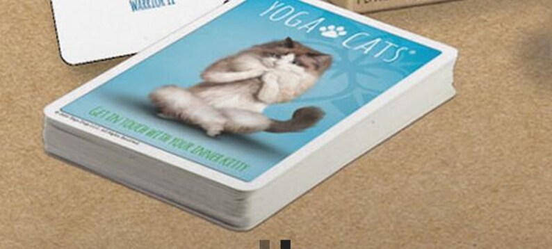May include: A deck of playing cards with a white background and blue text. The text on the card reads "Yoga Cats". The image shows a cat in a yoga pose. The text on the card reads "Get in touch with your inner kitty!"