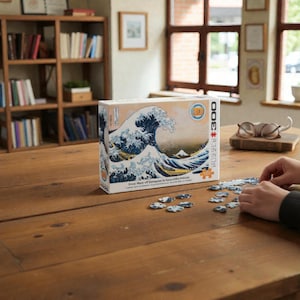 Peut inclure Un puzzle de 3000 pièces représentant une œuvre d'art japonaise célèbre, La Grande Vague de Kanagawa de Katsushika Hokusai. L'image représente une grande vague bleue qui se brise sur trois bateaux avec le mont Fuji en arrière-plan.