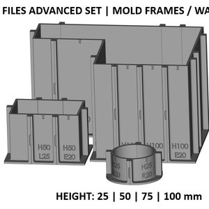 Peut inclure: Un ensemble de cadres de moulage imprimables en 3D pour créer des murs en béton. Les cadres sont disponibles en quatre hauteurs différentes : 25 mm, 50 mm, 75 mm et 100 mm. Les cadres sont étiquetés avec leurs dimensions et ont un design simple.