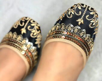 Handmade Ladies Black & Gold Floral Print With Red Sequin | Khussa Jutti | Indian Pakistani Wedding Shoes | Punjabi Jutti | Khussa For Women