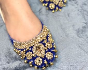 Royal Blue & Gold Jubilee Khussa Jutti Indian Pakistani Traditional Womens Footwear Punjabi Jutti Pumps Slip on Wedding Punjabi Jutti