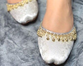 Silver Floral Jingle Bells | Handmade Ladies Khussa Jutti | Indian Pakistani Wedding Shoes | Silver Gold Khusa Jutti