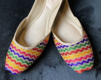 Multi Colour Zig Zag Khussa Jutti Indian Pakistani Womens Footwear Asian Desi Shoes Padded Sole