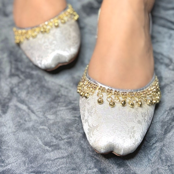 Silver Floral Jingle Bells | Handmade Ladies Khussa Jutti | Indian Pakistani Wedding Shoes | Silver Gold Khusa Jutti