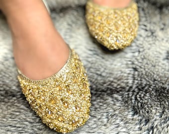 Desi Foot Signature Gold Crystal Khussa Jutti Indian Pakistani Shoes Footwear Wedding