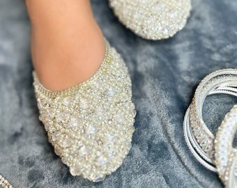 Desi Foot Signature Silver Crystal Khussa Jutti Indian Pakistani Womens Shoes Footwear For Weddings Punjabi Jutti